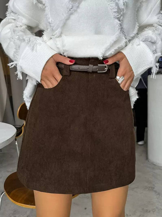 Corduroy Mini Skirt High Waist, Belted Design, Side Pockets & A-Line Fit