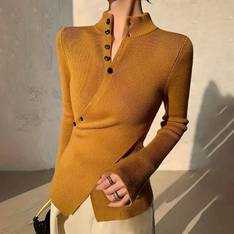 Ribbed Knit Blouse High Neck, Long Sleeves, Wrap Front & Button Detail