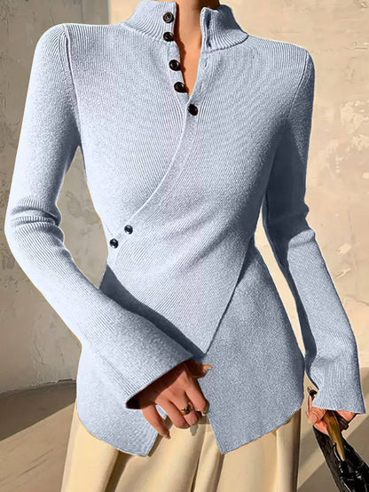 Ribbed Knit Blouse High Neck, Long Sleeves, Wrap Front & Button Detail