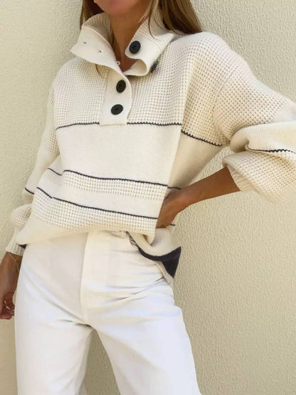 Knit Striped Texture Polo Sweater – Collared Neck, Button Front, Long Sleeves &  Detail