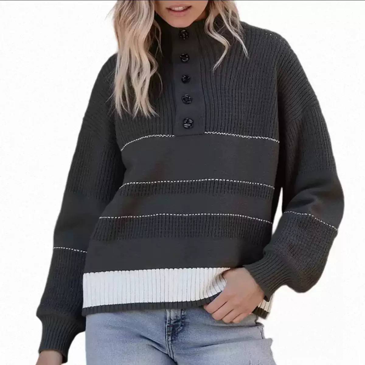 Knit Striped Texture Polo Sweater – Collared Neck, Button Front, Long Sleeves &  Detail