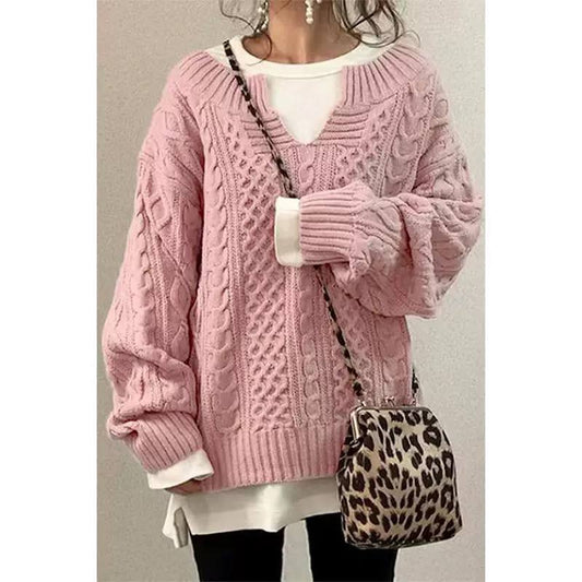 Cable Knit Sweater V-Neck, Long Sleeves, Chunky Braided Knit & Relaxed Fit