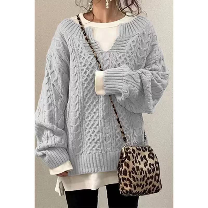 Cable Knit Sweater V-Neck, Long Sleeves, Chunky Braided Knit & Relaxed Fit