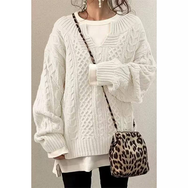 Cable Knit Sweater V-Neck, Long Sleeves, Chunky Braided Knit & Relaxed Fit