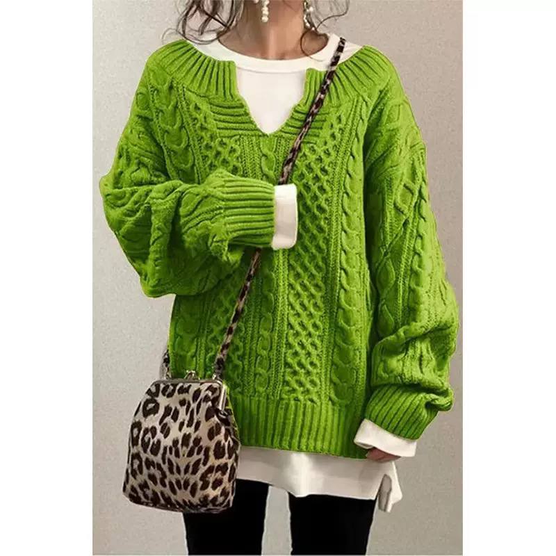 Cable Knit Sweater V-Neck, Long Sleeves, Chunky Braided Knit & Relaxed Fit