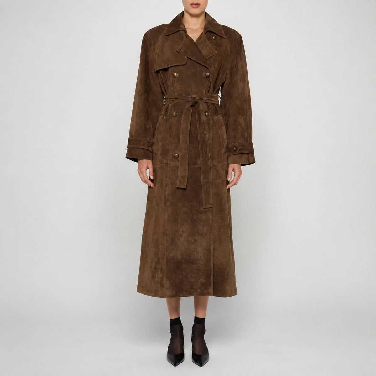 Suede Trench Coat  Double-Breasted, Belted Waist, Longline Fit & Wide Lapel Collar