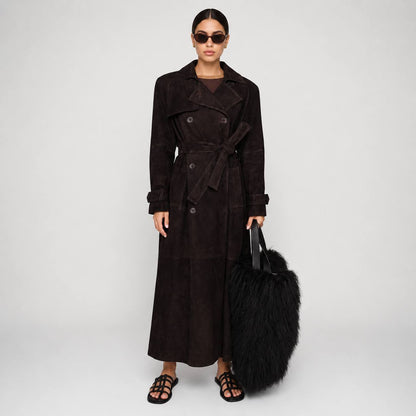 Suede Trench Coat  Double-Breasted, Belted Waist, Longline Fit & Wide Lapel Collar