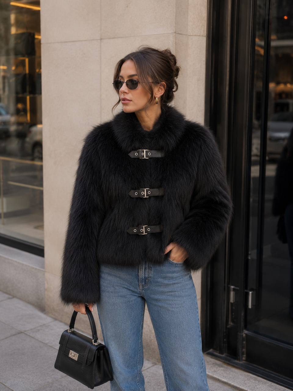 Fur Jacket Plush Collar, Belted Front Fastening, Long Sleeves & Cropped Fit