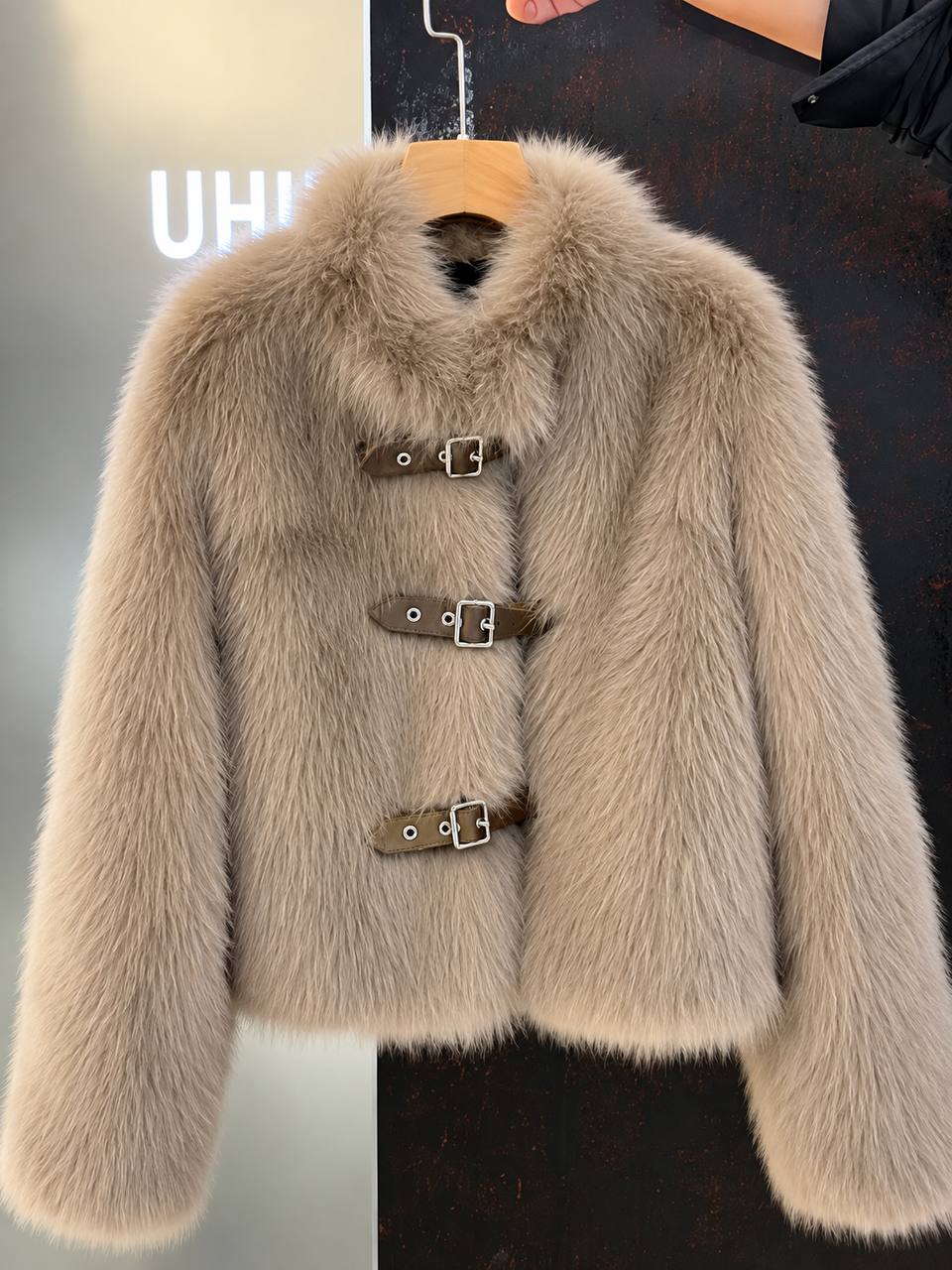 Fur Jacket Plush Collar, Belted Front Fastening, Long Sleeves & Cropped Fit