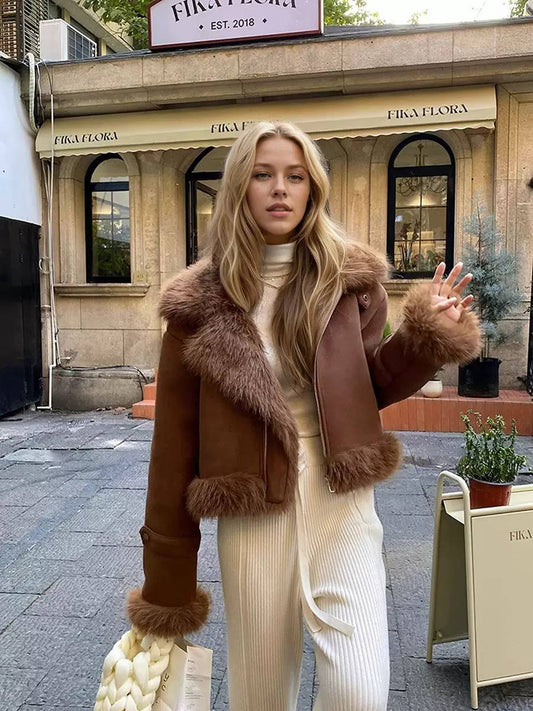 Shearling Suede Jacket , Oversized Fur Collar & Cuffs, Zip Front and Cropped Fit