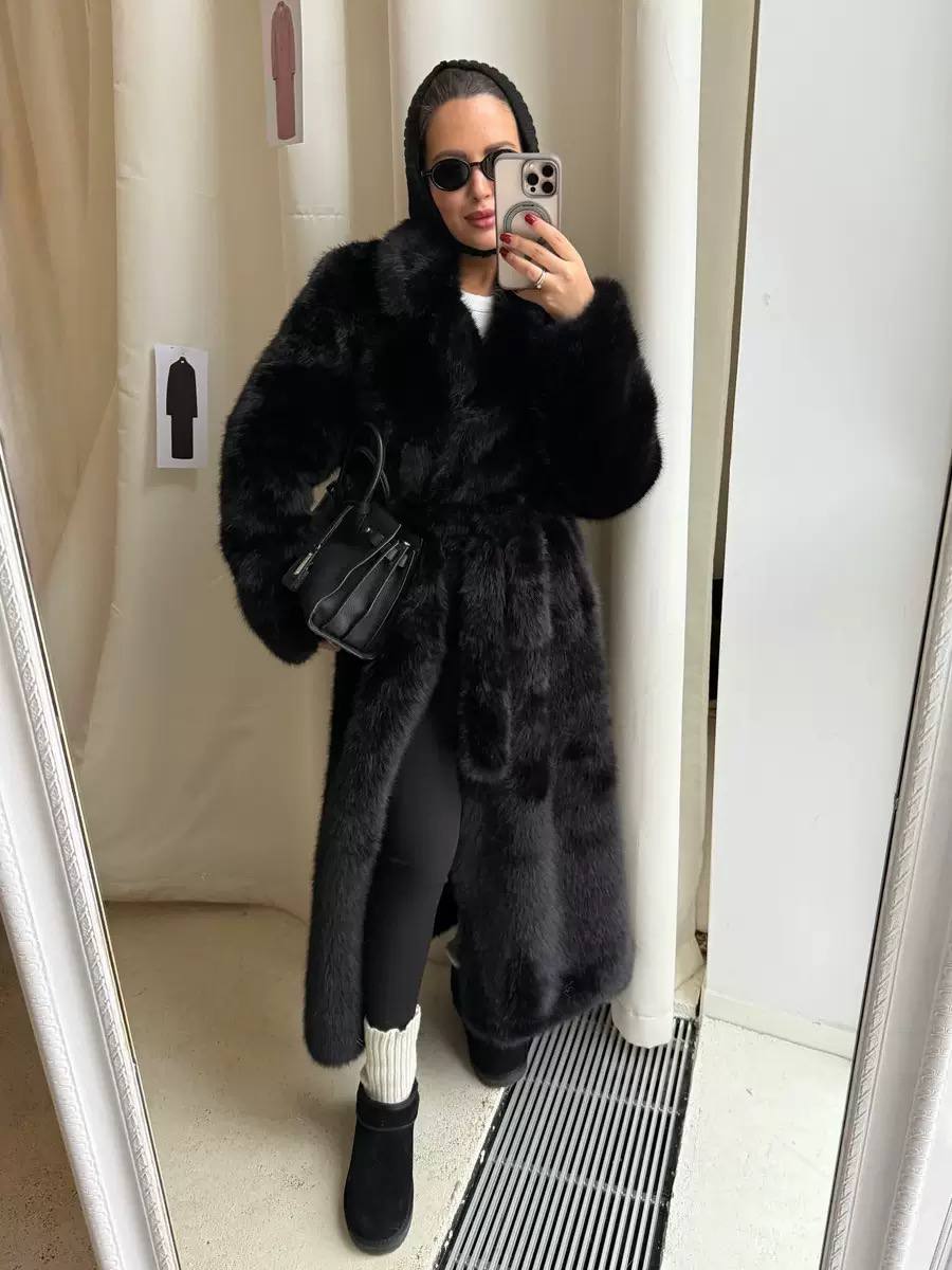 Fur Coat Longline Plush Design, Oversized Collar, Button Front & Relaxed Fit