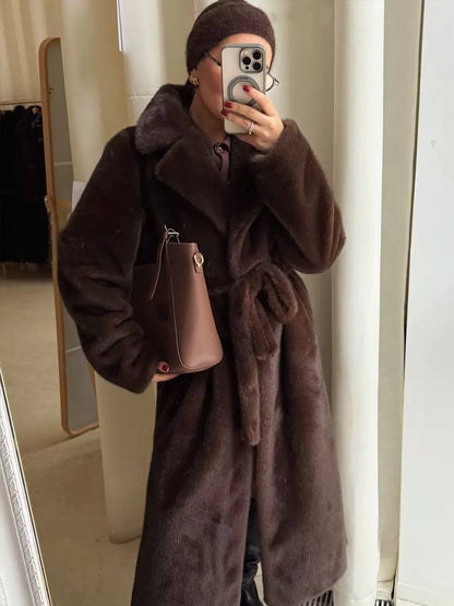 Fur Coat Longline Plush Design, Oversized Collar, Button Front & Relaxed Fit