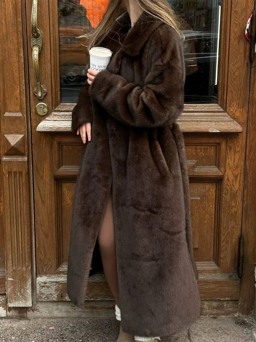 Fur Coat Longline Plush Design, Oversized Collar, Button Front & Relaxed Fit