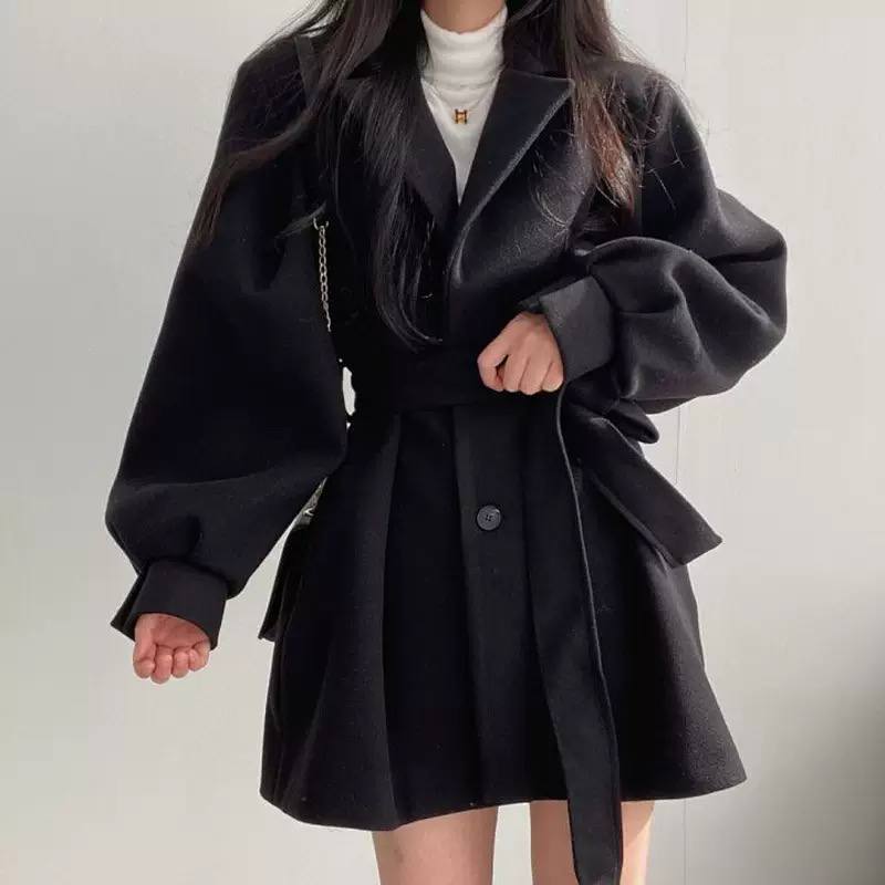 Belted Coat Double-Breasted Front, Wide Lapel Collar, Long Sleeves & Flared Short Fit