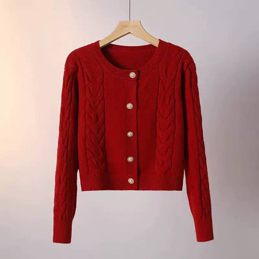 Cable Knit Cardigan Round Neck, Button Front, Braided Knit Detail & Cropped Fit