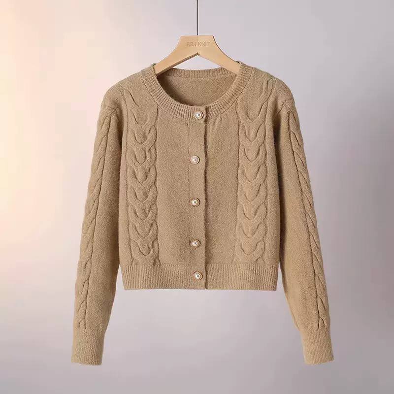Cable Knit Cardigan Round Neck, Button Front, Braided Knit Detail & Cropped Fit