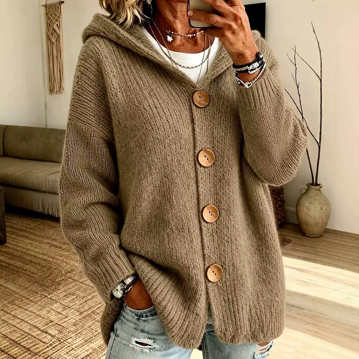 Oversized Hooded Knit Cardigan Chunky Button Front, Long Sleeve & Relaxed Fit