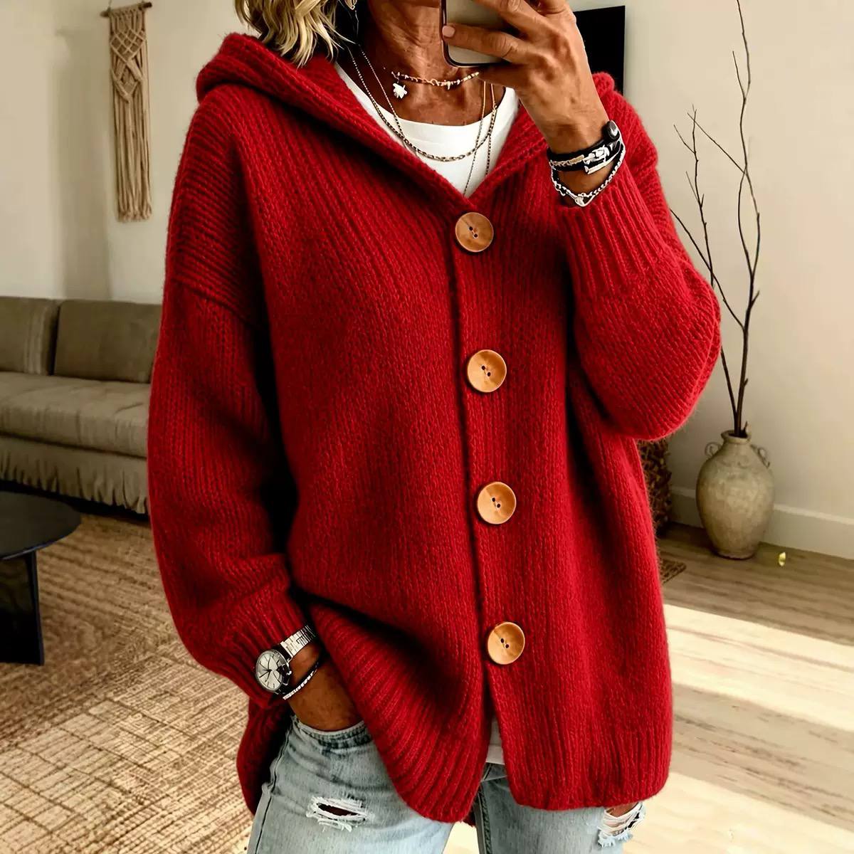 Oversized Hooded Knit Cardigan Chunky Button Front, Long Sleeve & Relaxed Fit