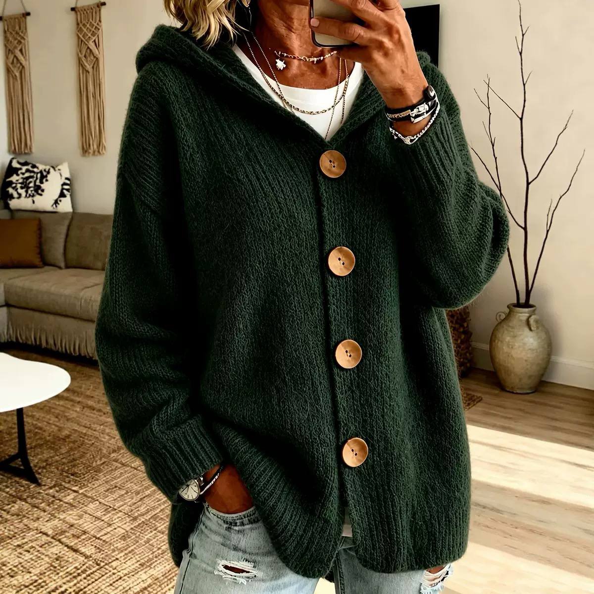 Oversized Hooded Knit Cardigan Chunky Button Front, Long Sleeve & Relaxed Fit