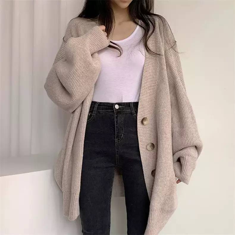 Oversized V-Neck Knit Cardigan Long Sleeve, Button Front & Relaxed Fit