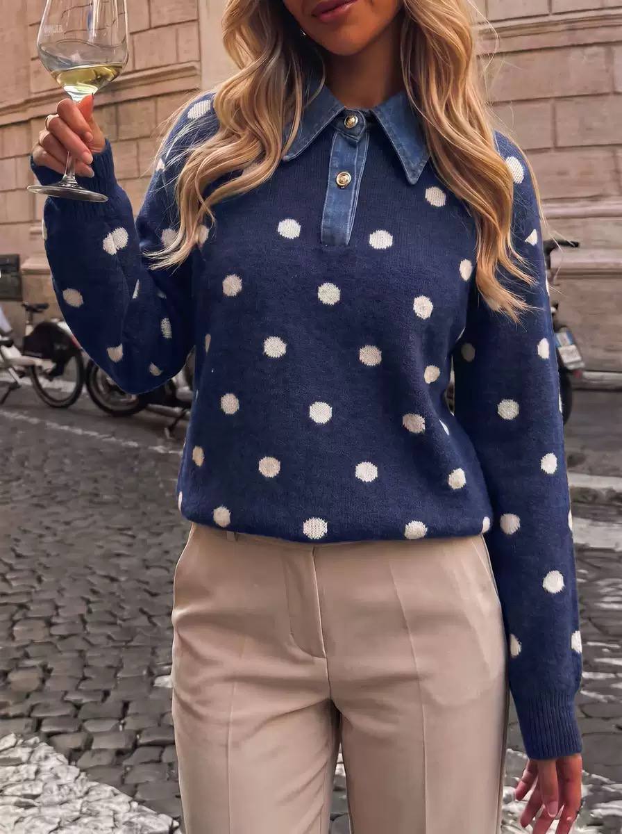 Polka Dot Knit Sweater – Long Sleeve, Denim Collar & Button Front Detail