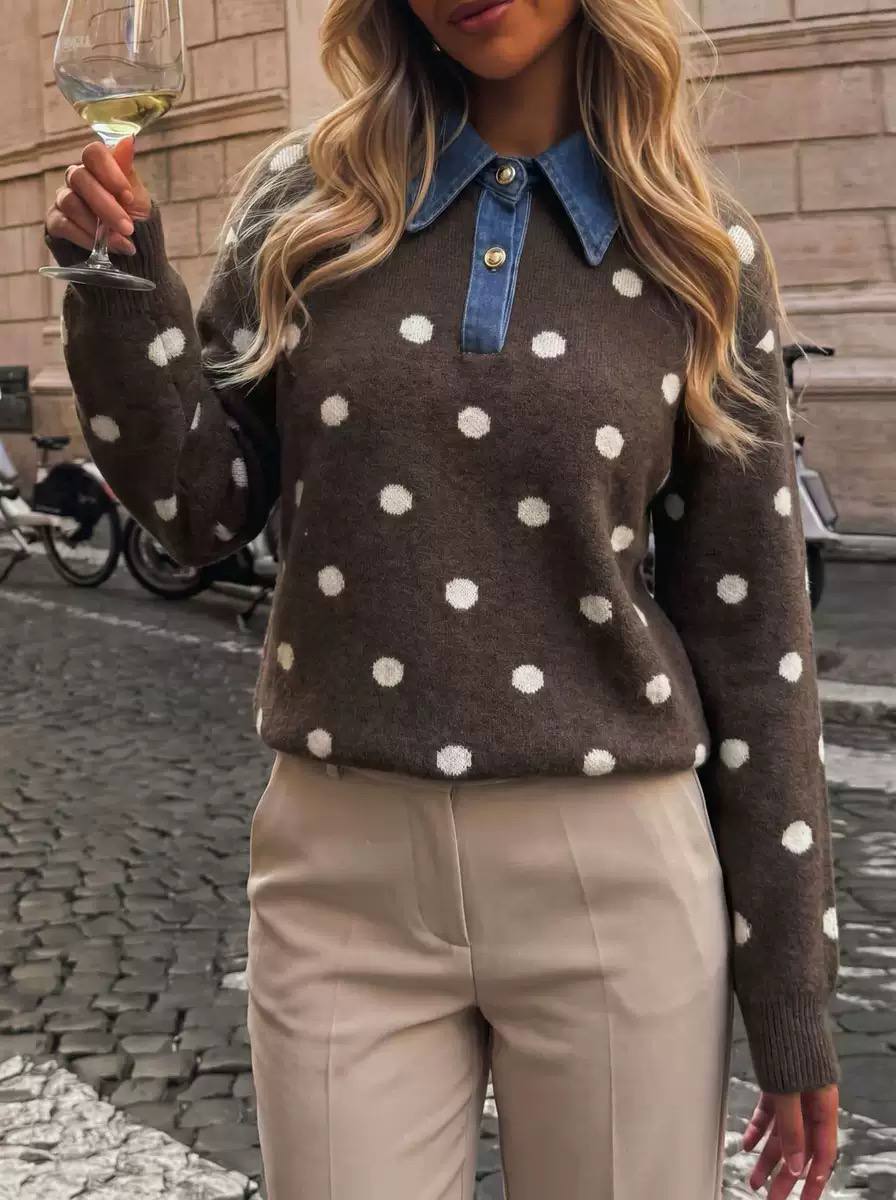 Polka Dot Knit Sweater – Long Sleeve, Denim Collar & Button Front Detail