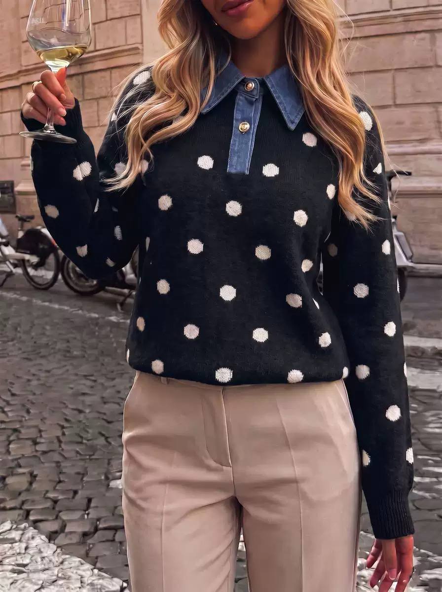 Polka Dot Knit Sweater – Long Sleeve, Denim Collar & Button Front Detail
