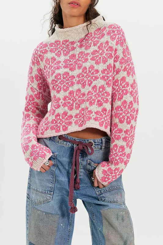 Floral Knit Sweater – Long Sleeve, Crew Neck & Relaxed Fit
