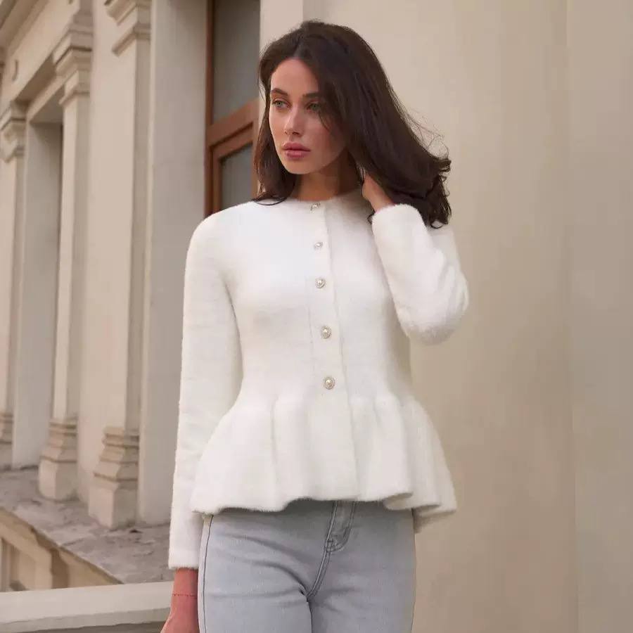 Peplum Knit Cardigan – Long Sleeve, Round Neck & Button Front Detail