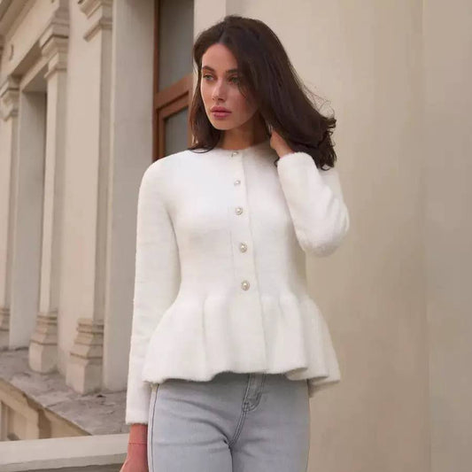 Peplum Knit Cardigan – Long Sleeve, Round Neck & Button Front Detail