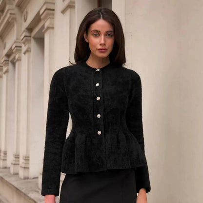 Peplum Knit Cardigan – Long Sleeve, Round Neck & Button Front Detail