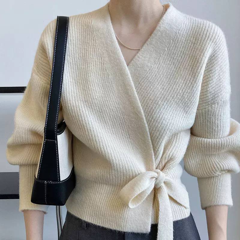 Ribbed Knit Wrap Sweater– Long Sleeve, V-Neck, Tie Waist & Relaxed Fit