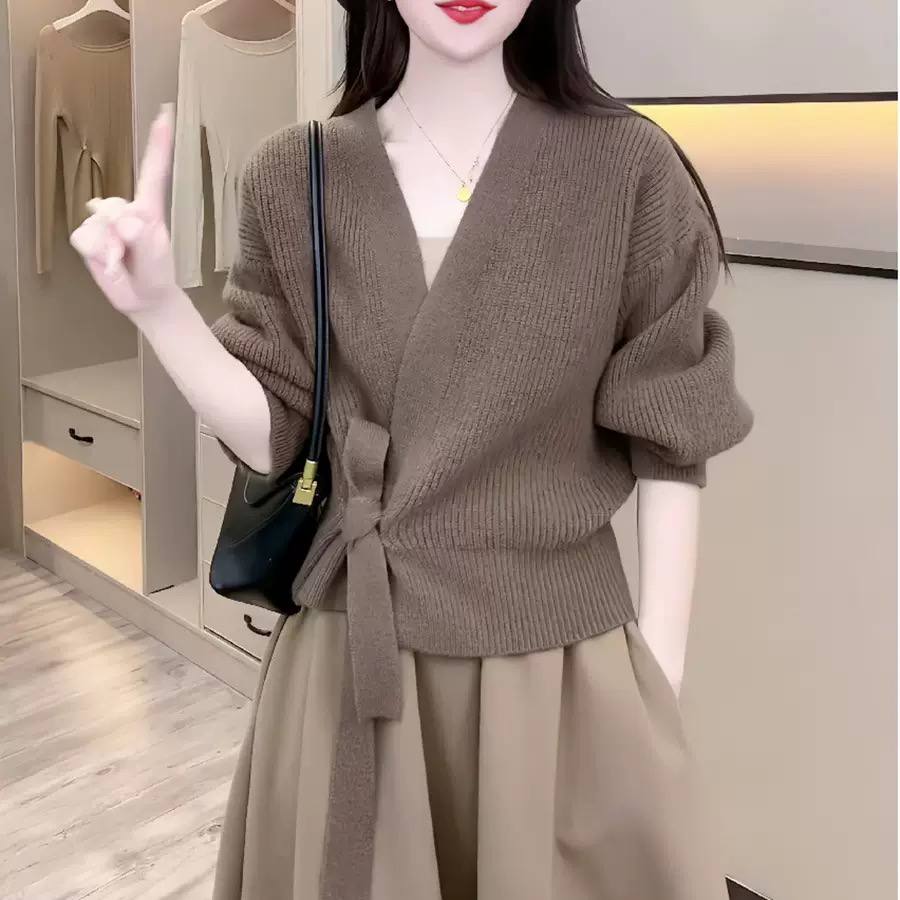 Ribbed Knit Wrap Sweater– Long Sleeve, V-Neck, Tie Waist & Relaxed Fit