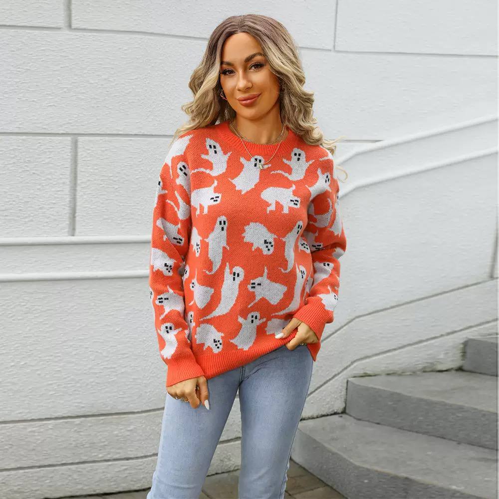 Halloween Ghost Knit Sweater – Long Sleeve, Crew Neck & Relaxed Fit
