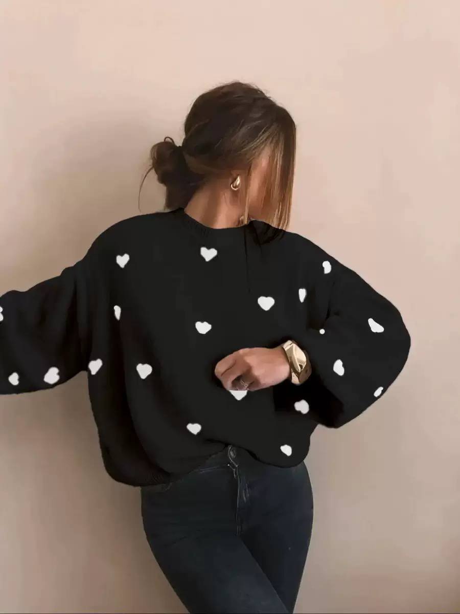 Heart Knit Sweater – Long Sleeve Crew Neck Jumper with Relaxed Fit