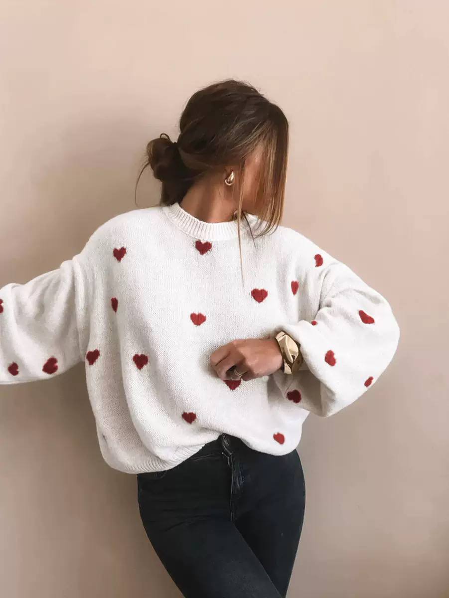 Heart Knit Sweater – Long Sleeve Crew Neck Jumper with Relaxed Fit