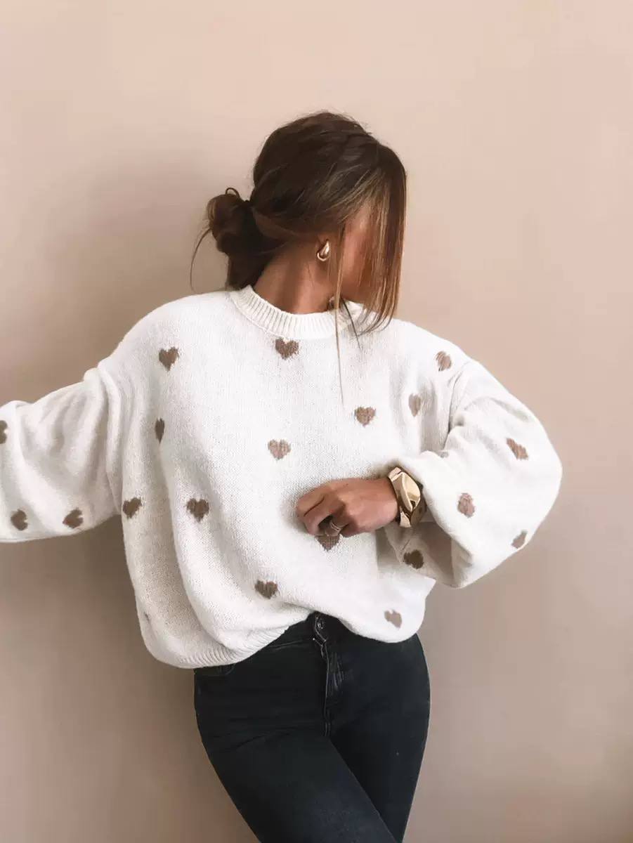 Heart Knit Sweater – Long Sleeve Crew Neck Jumper with Relaxed Fit