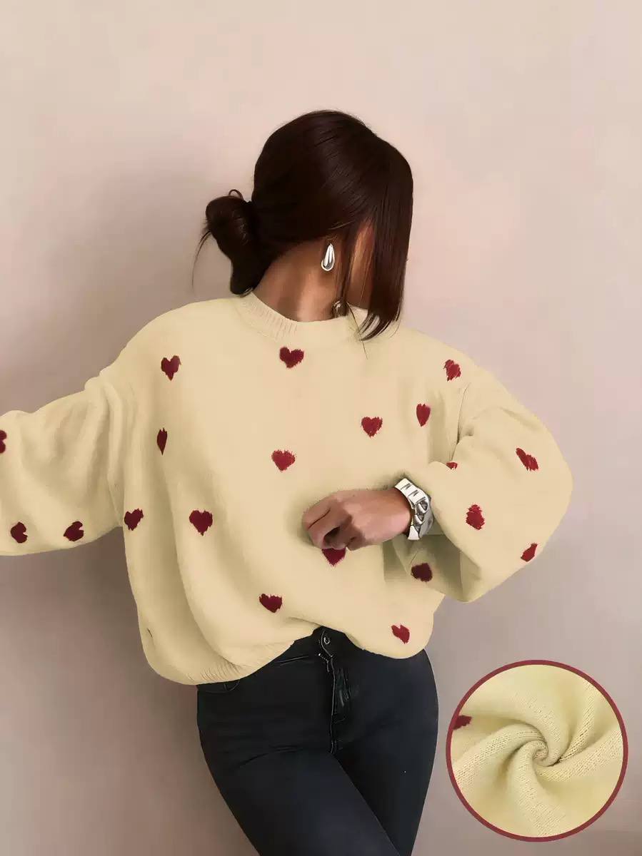 Heart Knit Sweater – Long Sleeve Crew Neck Jumper with Relaxed Fit