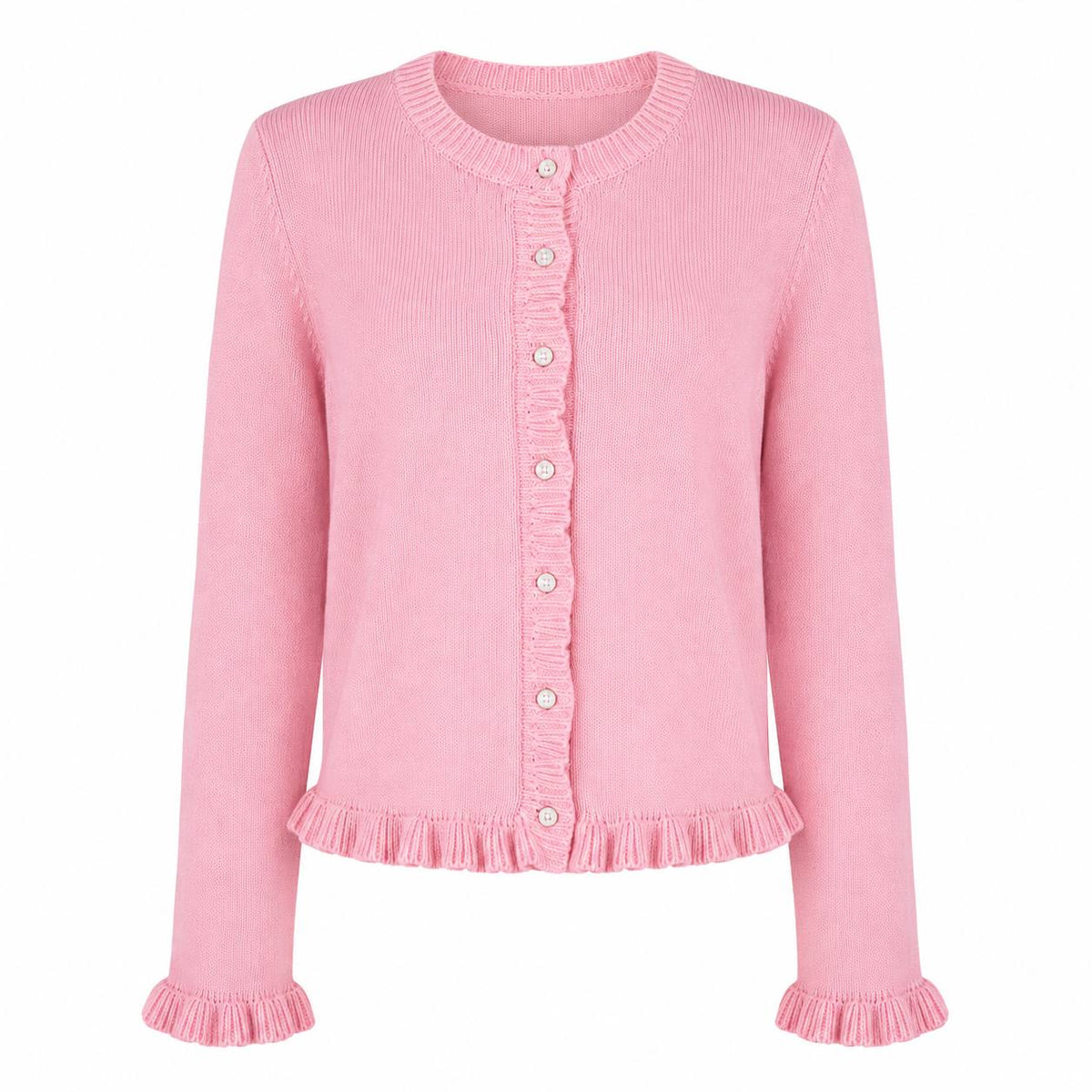 Pink Knit Cardigan – Long Sleeve Button Front Ruffle Trim Cardigan