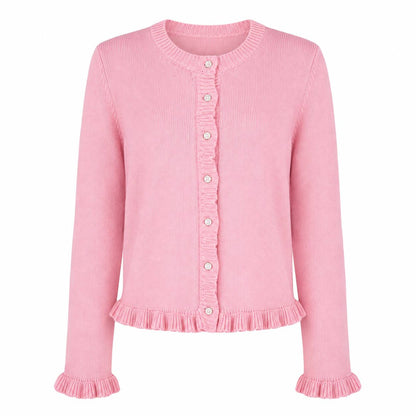 Pink Knit Cardigan – Long Sleeve Button Front Ruffle Trim Cardigan