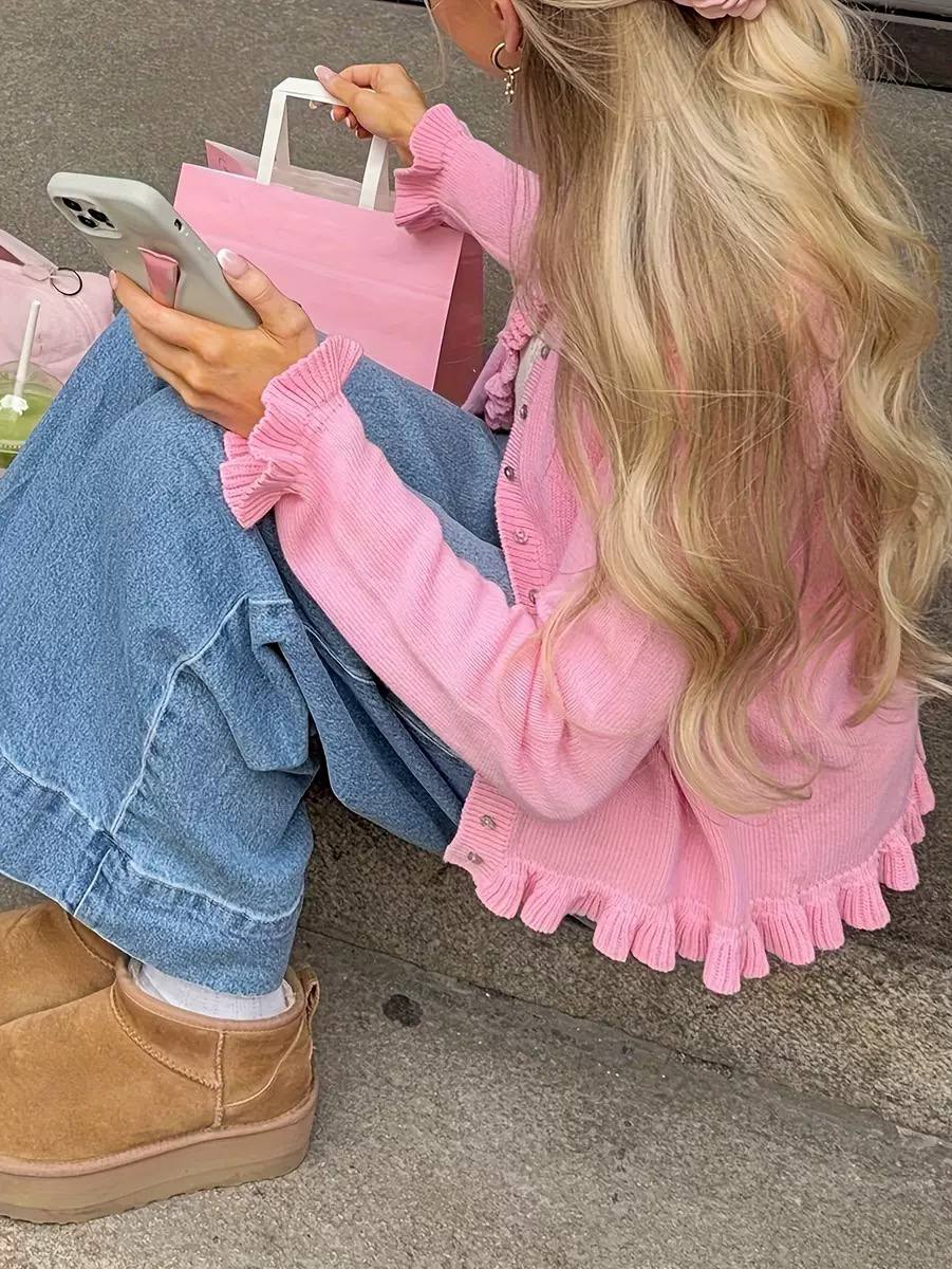 Pink Knit Cardigan – Long Sleeve Button Front Ruffle Trim Cardigan
