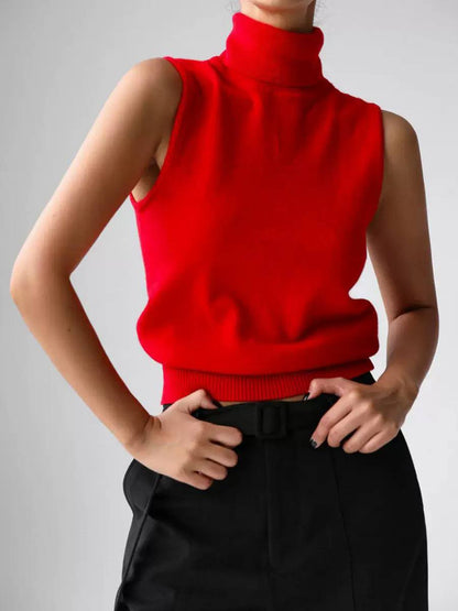 Sleeveless Turtleneck Knit Top – Ribbed High Neck Fitted Top