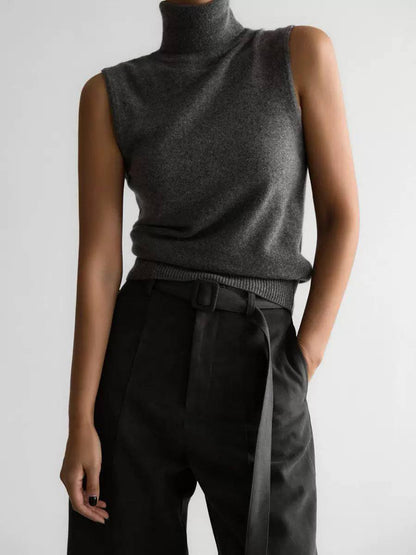 Sleeveless Turtleneck Knit Top – Ribbed High Neck Fitted Top