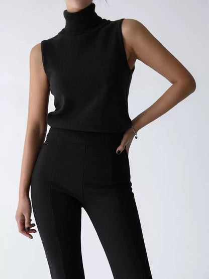 Sleeveless Turtleneck Knit Top – Ribbed High Neck Fitted Top