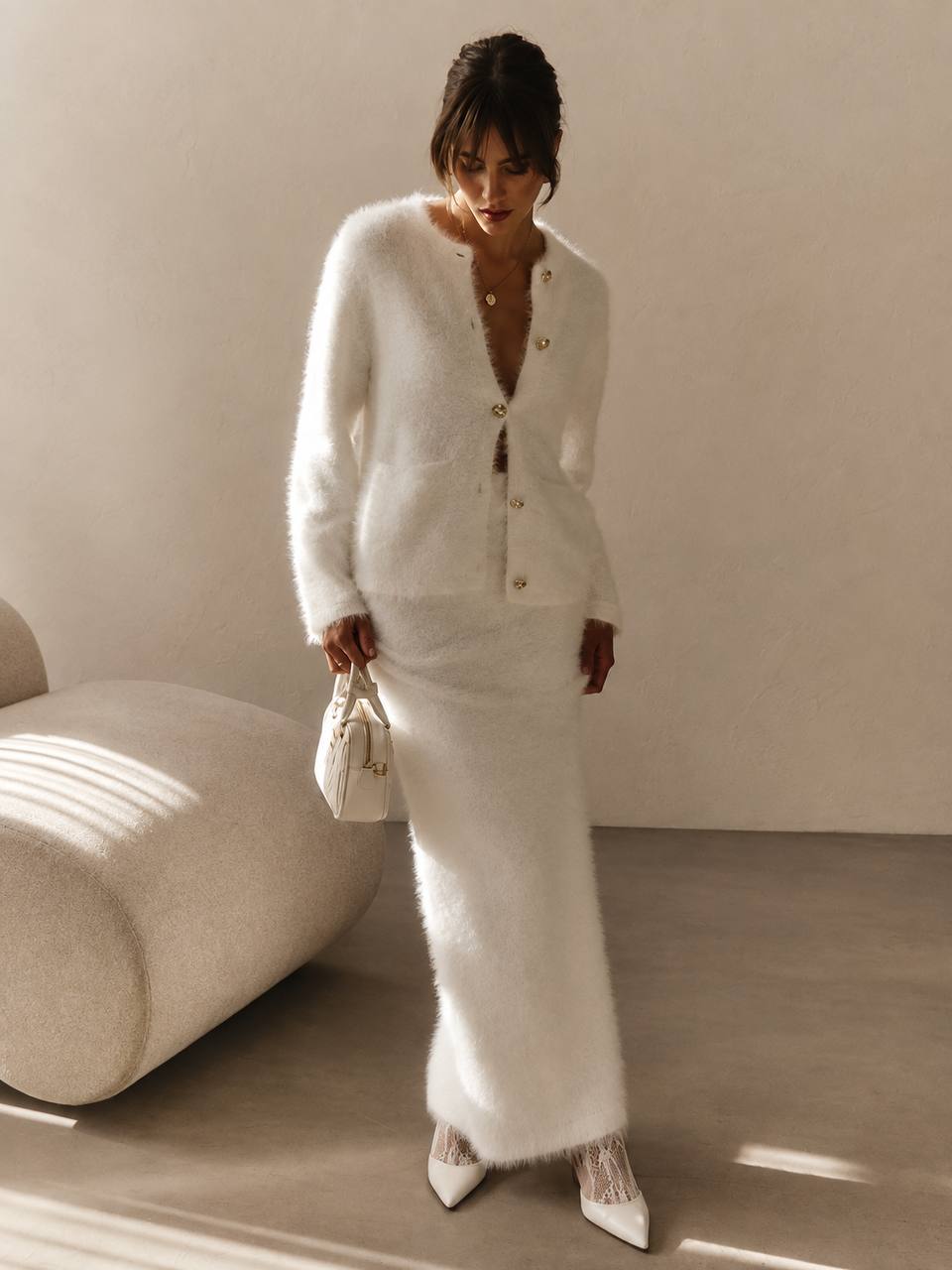 Fuzzy Long Sleeve Knit Cardigan & Maxi Skirt