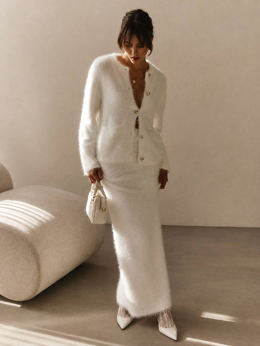 Fuzzy Long Sleeve Knit Cardigan & Maxi Skirt