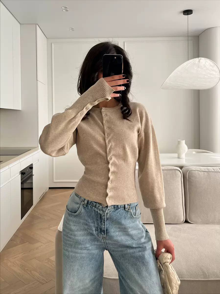 Knit Button Front Cardigan – Long Sleeve Ribbed Trim Fitted Cardigan