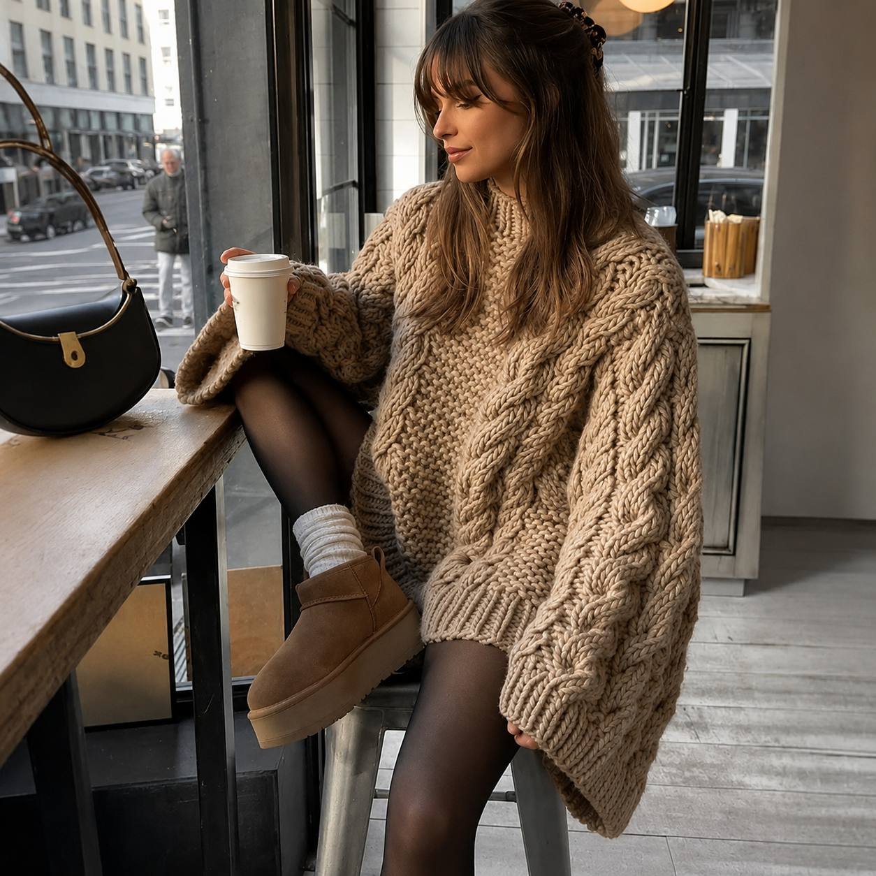 Chunky Braided Knit Long Sleeve Sweater