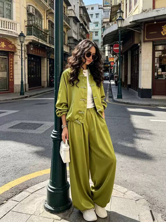 Long Sleeve Mandarin Collar Jacket and High-Waisted Pants Set