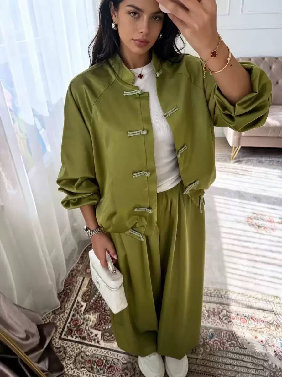 Long Sleeve Mandarin Collar Jacket and High-Waisted Pants Set